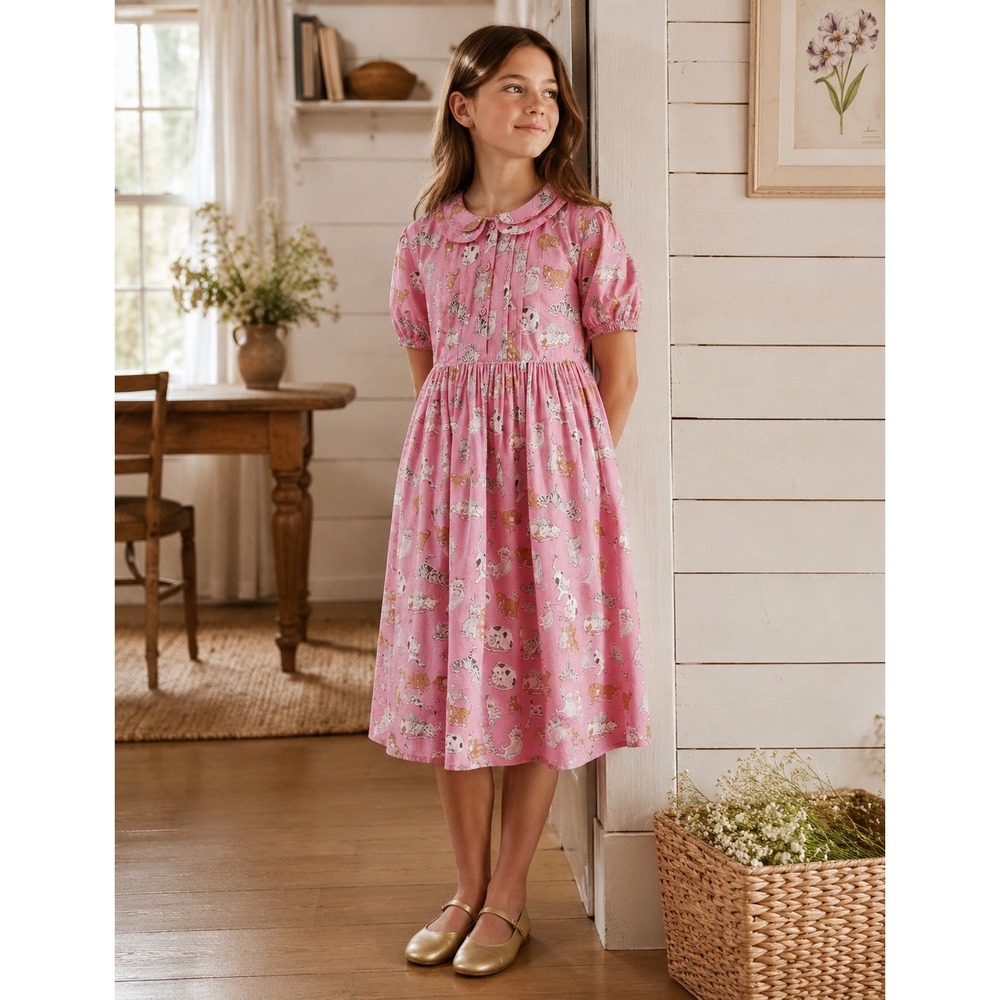 Mini Boden Girls' Cat Printed Tea Dress Peter Pan Collar Cotton Pink Classic